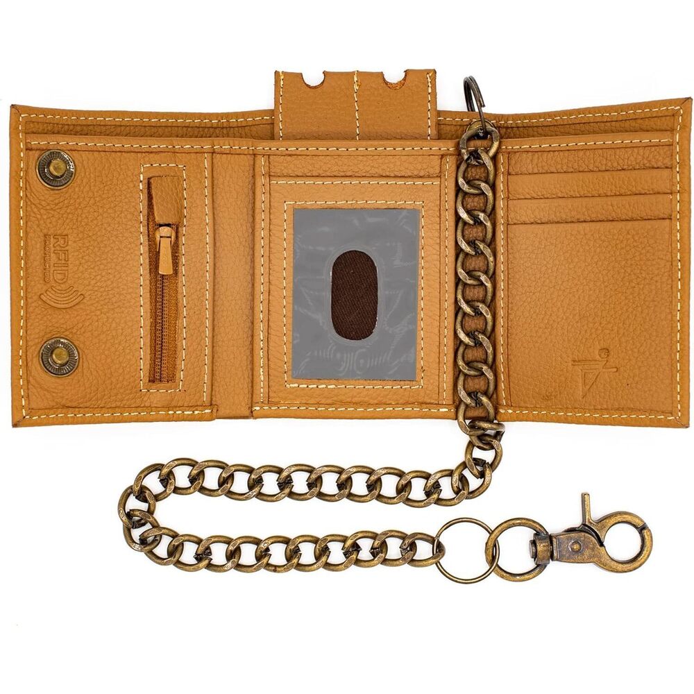 9912 Chain Wallets Biker Chains Top-Grain Cow Leather Trifold Wallet